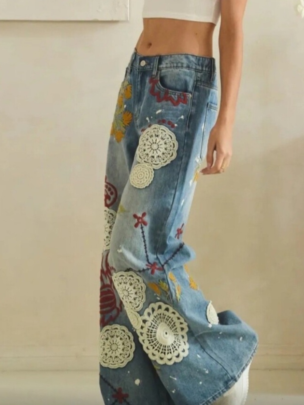 OLI & HALI Blue Wide-Leg Embroidered Patchwork Jeans Brand NEW sz XL - Picture 3 of 10